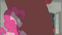Size: 1366x768 | Tagged: safe, screencap, pinkie pie, earth pony, pony, g4, the last laugh, carpet, female, mare, red carpet, shadow, solo