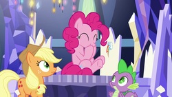Size: 1920x1080 | Tagged: safe, screencap, applejack, pinkie pie, spike, dragon, pony, g4, the last laugh, cute, diapinkes, giggling, twilight's castle, winged spike, wings