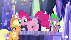 Size: 1920x1080 | Tagged: safe, screencap, applejack, pinkie pie, spike, dragon, pony, g4, the last laugh, cute, diapinkes, jackabetes, nuzzling, twilight's castle, winged spike, wings