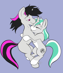 Size: 2048x2345 | Tagged: safe, artist:btbunny, derpibooru exclusive, oc, oc only, oc:minty, pony, unicorn, cuddling, female, high res, male, two toned mane, two toned tail