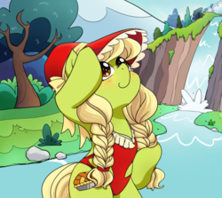 Size: 436x389 | Tagged: safe, artist:yukandasama, granny smith, earth pony, pony, g4, bonnet, braid, clothes, female, hat, mare, one-piece swimsuit, smiling, solo, swimsuit, tree, twin braids, waterfall, young granny smith, younger