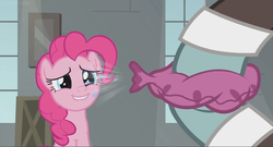 Size: 1366x740 | Tagged: safe, screencap, pinkie pie, sans smirk, pony, g4, the last laugh, cute, diapinkes, factory, gag factory, lip bite, smiling, whoopee cushion