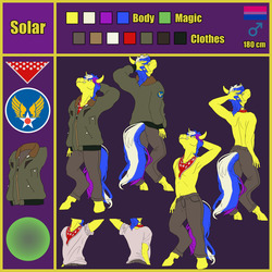 Size: 1280x1280 | Tagged: safe, artist:lase-x, artist:sertine, oc, oc only, oc:solarmod, anthro, unguligrade anthro, armpits, bisexual pride flag, bomber jacket, clothes, jacket, pride, pride flag, reference sheet, solo