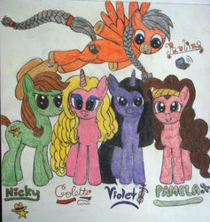 Size: 2974x3132 | Tagged: safe, artist:drawinginlove, earth pony, pegasus, pony, unicorn, g4, colette, flying, geronimo stilton, group, high res, nicky, pamela, paulina, ponified, recolor, spread wings, the thea sisters, thea sisters, traditional art, violet (thea sister), wings