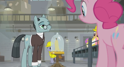 Size: 1366x738 | Tagged: safe, screencap, pinkie pie, sans smirk, pony, g4, the last laugh, balcony, banana peel, bell jar, clothes, conveyor belt, factory, gag factory, glasses, hard hat, lights, suit, table, worker