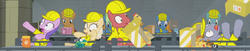 Size: 3580x732 | Tagged: safe, composite screencap, edit, edited screencap, screencap, banana mash, giggleberry, pun twirl, earth pony, frog, pony, g4, the last laugh, 8 ball, assembly line, boxes, factory, female, gag factory, hard hat, jar, male, mare, package, panorama, rock knock, rubber chicken, slipping, stallion, toy, unnamed character, unnamed pony, worker