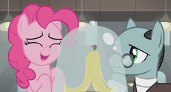 Size: 1366x738 | Tagged: safe, screencap, pinkie pie, sans smirk, pony, g4, the last laugh, balcony, banana peel, bell jar, clothes, factory, gag factory, glasses, happy, lights, smiling, suit, thinking