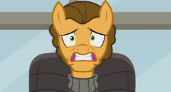 Size: 1366x738 | Tagged: safe, screencap, cheese sandwich, earth pony, pony, g4, the last laugh, alternate hairstyle, chair, clothes, factory, frightened, gag factory, male, solo, stallion, sweater