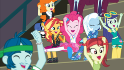 Size: 1916x1080 | Tagged: safe, screencap, blueberry cake, captain planet, golden hazel, marco dafoy, pinkie pie, rose heart, sunset shimmer, track starr, trixie, equestria girls, equestria girls series, g4, sock it to me, spoiler:choose your own ending (season 2), spoiler:eqg series (season 2), armpits, background human, bleachers, boots, cheering, clothes, crossed arms, crystal prep academy uniform, cute, diapinkes, ear piercing, earring, eyes closed, female, geode of empathy, geode of sugar bombs, happy, jewelry, magical geodes, male, offscreen character, piercing, school uniform, shoes, smiling, smug, sock it to me: trixie