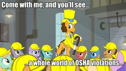 Size: 960x540 | Tagged: safe, screencap, banana mash, cheese sandwich, doctor hoozonfurst, giggleberry, lavender chuckle, pun twirl, summermint, earth pony, pony, g4, the last laugh, caption, clothes, factory, film theory, hard hat, hat, image macro, male, no osha compliance, osha, pure imagination, roald dahl, silly, song parody, song reference, stallion, suit, text, top hat, unnamed character, unnamed pony, very silly, very very silly, willy wonka, willy wonka and the chocolate factory