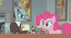 Size: 1366x738 | Tagged: safe, screencap, cheese sandwich, pinkie pie, sans smirk, pony, g4, the last laugh, accordion, clothes, factory, gag factory, glasses, microphone, musical instrument, notepad, poster, suit, toy