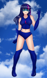 Size: 935x1559 | Tagged: safe, artist:anonix123, twilight sparkle, human, equestria girls, g4, belly button, breasts, busty twilight sparkle, clothes, cloud, female, flying, human coloration, magic gaia, solo, spark moon, superhero