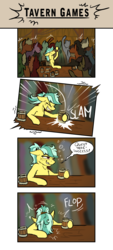 Size: 2255x4975 | Tagged: safe, artist:helmie-art, oc, oc only, oc:flower skies, earth pony, pony, comic, dialogue, drinking, drinking contest, drunk, female, mare, passed out, solo focus, tankard, tavern, word bubble