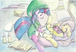 Size: 2000x1387 | Tagged: safe, artist:asdfasfasda, fluttershy, twilight sparkle, pony, g4, adult foal, baby bottle, book, clothes, cosplay, costume, cute, diaper, diaper fetish, diapering, female, fetish, floppy ears, foal bottle, lying down, mare, non-baby in diaper, on back, pajamas, scrunchy face, sleepover, the legend of zelda