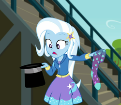 Size: 1242x1080 | Tagged: safe, screencap, trixie, equestria girls, g4, my little pony equestria girls: choose your own ending, sock it to me, sock it to me: trixie, barrette, clothes, cute, diatrixes, female, hat, hoodie, sock, solo, top hat