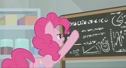 Size: 1366x740 | Tagged: safe, screencap, pinkie pie, earth pony, pony, g4, the last laugh, chalkboard, factory, fancy mathematics, female, gag factory, laboratory, mare, math, solo, written equestrian