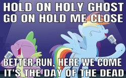 Size: 636x396 | Tagged: safe, artist:porygon2z, edit, editor:undeadponysoldier, rainbow dash, spike, dragon, pegasus, pony, g4, caption, day of the dead (song), dia de los muertos, duet, eyes closed, female, hollywood undead, image macro, lyrics, male, mare, microphone, open mouth, singing, song reference, spotlight, text