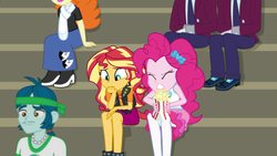 Size: 1280x720 | Tagged: safe, screencap, captain planet, golden hazel, marco dafoy, pinkie pie, sunset shimmer, track starr, equestria girls, equestria girls series, g4, sock it to me, spoiler:choose your own ending (season 2), spoiler:eqg series (season 2), background human, bleachers, clothes, crystal prep academy uniform, eyes closed, female, food, geode of empathy, legs, magical geodes, male, offscreen character, pantyhose, popcorn, school uniform, shoes, sock it to me: rarity