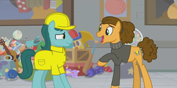Size: 1366x684 | Tagged: safe, screencap, cheese sandwich, pony, g4, the last laugh, alternate hairstyle, clothes, factory, gag factory, hard hat, singing, smiling, sweater, toy, uniform, unnamed character, unnamed pony, worker
