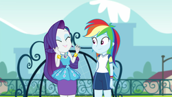 Size: 1280x720 | Tagged: safe, screencap, rainbow dash, rarity, equestria girls, g4, my little pony equestria girls: choose your own ending, sock it to me, sock it to me: rarity, clothes, female, geode of shielding, magical geodes, rarity peplum dress, shorts, skirt