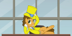 Size: 1366x682 | Tagged: safe, screencap, cheese sandwich, pony, g4, the last laugh, clothes, desk, happy, hat, lying down, male, solo, top hat, tuxedo, window