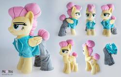 Size: 1116x716 | Tagged: safe, artist:meplushyou, fluttershy, pegasus, pony, fake it 'til you make it, g4, alternate hairstyle, clothes, female, frown, hair bun, irl, looking at you, mare, outfit, photo, plushie, severeshy, solo, unamused