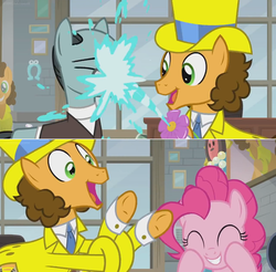 Size: 1364x1342 | Tagged: safe, edit, edited screencap, screencap, cheese sandwich, pinkie pie, sans smirk, earth pony, pony, g4, the last laugh, clothes, comic, elastic, factory, female, flower, gag factory, glasses, happy, hat, male, mare, office, screencap comic, smiling, spray, stallion, suit, tied up, top hat, trio, tuxedo, water