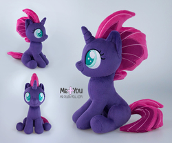 Size: 1600x1325 | Tagged: safe, artist:meplushyou, fizzlepop berrytwist, tempest shadow, pony, unicorn, female, filly, filly tempest shadow, irl, looking at you, photo, plushie, sitting, smiling, solo, underhoof, younger