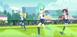 Size: 1280x616 | Tagged: safe, screencap, cloudy kicks, tennis match, velvet sky, equestria girls, g4, my little pony equestria girls: choose your own ending, sock it to me, sock it to me: bulk biceps, background human, clothes, female, foot odor, football, legs, shorts, soccer field, socks, sports
