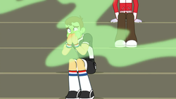 Size: 1280x720 | Tagged: safe, screencap, heath burns, teddy t. touchdown, equestria girls, equestria girls series, g4, sock it to me, sock it to me: bulk biceps, spoiler:eqg series (season 2), background human, bleachers, clothes, foot odor, gasping, green face, male, nauseous, offscreen character, pants, shoes, smelly, sneakers, socks