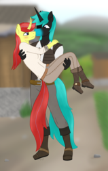 Size: 1357x2137 | Tagged: safe, artist:dyonys, oc, oc:angelo, oc:maya yamato, unicorn, anthro, belt, blushing, boots, bridal carry, carrying, clothes, curved horn, eyepatch, female, holding, horn, looking at each other, male, pants, shipping, shoes, vest, yamangelo