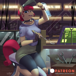 Size: 900x900 | Tagged: safe, artist:kevinsano, torque wrench, earth pony, anthro, unguligrade anthro, g4, rainbow roadtrip, breasts, clothes, female, leggings, looking at you, soldering iron, solo