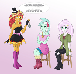Size: 2389x2333 | Tagged: safe, artist:tigerssunshyn, fleur-de-lis, lyra heartstrings, sunset shimmer, equestria girls, g4, belly button, boots, bracelet, clothes, female, hat, high res, hypnosis, hypnotist, hypnotized, jewelry, meme, midriff, necklace, pendulum swing, pocket watch, sexy, shoes, sitting, sitting lyra, smiling, solo, stool, swirly eyes, top hat