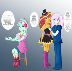 Size: 2333x2279 | Tagged: safe, artist:tigerssunshyn, fleur-de-lis, lyra heartstrings, sunset shimmer, equestria girls, g4, boots, clothes, cute, driving, female, hat, heartbeat, high res, hypnosis, hypnotist, hypnotized, jewelry, listening, necklace, nurse, nurse fleur, pocket watch, scrubs (gear), shoes, solo, speech bubble, stethoscope, sunset shimmer with her heartbeat, swirly eyes, top hat