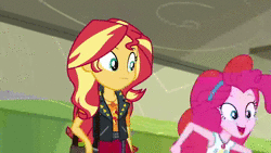 Size: 1920x1080 | Tagged: safe, screencap, pinkie pie, sunset shimmer, equestria girls, equestria girls series, g4, sock it to me, spoiler:choose your own ending (season 2), spoiler:eqg series (season 2), animated, cartoon physics, clothes, female, geode of empathy, geode of sugar bombs, hammerspace, hammerspace hair, magical geodes, pinkie being pinkie, pinkie physics, pinkie's magic hair, sock, socks, sound, webm