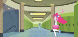 Size: 470x223 | Tagged: safe, edit, edited screencap, screencap, indigo wreath, pinkie pie, sophisticata, equestria girls, g4, my little pony equestria girls: choose your own ending, sock it to me, animated, background human, canterlot high, chase, clothes, female, gif, lockers, male, running, sock, socks