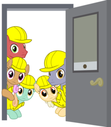 Size: 1792x2054 | Tagged: safe, artist:sonofaskywalker, banana mash, petal smiles, summermint, pony, the last laugh, background pony, doorway, female, gag factory, looking at you, male, mare, simple background, stallion, transparent background, unnamed character, unnamed pony, vector, watching