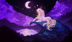 Size: 5976x3528 | Tagged: safe, artist:sitaart, oc, oc only, oc:blue haze, pony, saddle arabian, unicorn, ponyfinder, bard, blonde, blonde hair, blonde mane, blue eyes, cloud, complex background, dungeons and dragons, fantasy class, female, grass, horn, mare, moon, mountain, mountain range, night, pathfinder, pen and paper rpg, rpg, scenery, singing, stars, water