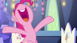 Size: 1920x1080 | Tagged: safe, screencap, pinkie pie, earth pony, pony, g4, the last laugh, female, happy, mare, solo, twilight's castle