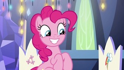 Size: 1920x1080 | Tagged: safe, screencap, pinkie pie, earth pony, pony, g4, the last laugh, cute, female, happy, mare, smiling, solo, twilight's castle