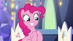 Size: 1920x1080 | Tagged: safe, screencap, pinkie pie, earth pony, pony, g4, my little pony: friendship is magic, the last laugh, cute, female, happy, mare, smiling, solo, twilight's castle