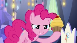 Size: 1920x1080 | Tagged: safe, screencap, pinkie pie, pony, g4, the last laugh, cupcake, female, food, mare, solo, twilight's castle