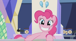 Size: 1366x740 | Tagged: safe, screencap, pinkie pie, earth pony, pony, g4, the last laugh, cute, female, grin, mare, peanut brittle, sitting, smiling, solo, throne, throne room, twilight's castle