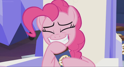 Size: 1366x740 | Tagged: safe, screencap, pinkie pie, earth pony, pony, g4, the last laugh, eyes closed, female, grin, mare, peanut brittle, sitting, smiling, solo, throne