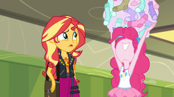 Size: 2048x1149 | Tagged: safe, screencap, pinkie pie, sunset shimmer, equestria girls, g4, my little pony equestria girls: choose your own ending, sock it to me, canterlot high, clothes, female, geode of empathy, geode of sugar bombs, hallway, lockers, magical geodes, nose in the air, socks