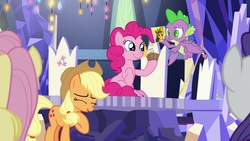 Size: 1920x1080 | Tagged: safe, screencap, applejack, cheese sandwich, pinkie pie, spike, dragon, pony, g4, the last laugh, cupcake, cutie map, food, photo, twilight's castle, winged spike, wings