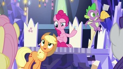 Size: 1920x1080 | Tagged: safe, screencap, applejack, fluttershy, pinkie pie, spike, dragon, pony, g4, the last laugh, cupcake, cutie map, food, photo, twilight's castle, winged spike, wings
