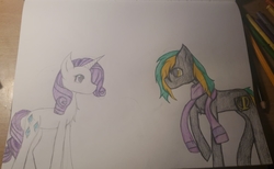 Size: 1614x991 | Tagged: safe, artist:orozcomallela, rarity, oc, oc:vermont black, earth pony, pony, unicorn, g4, female, looking at each other, mare, scarf, stallion, traditional art