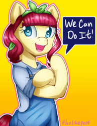 Size: 2550x3300 | Tagged: safe, artist:floralshitpost, torque wrench, pony, g4, my little pony: rainbow roadtrip, atorqueable, clothes, cute, female, heart eyes, high res, open mouth, rosie the riveter, simple background, solo, we can do it!, wingding eyes, yellow background