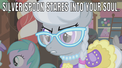 Size: 641x362 | Tagged: safe, edit, edited screencap, editor:undeadponysoldier, screencap, aura (g4), liza doolots, petunia, silver spoon, tootsie flute, tornado bolt, earth pony, pony, call of the cutie, g4, angry, caption, clothes, creepy, dress, female, filly, glasses, image macro, jewelry, looking at you, necklace, pearl necklace, staring into your soul, sugarcube corner, teeth, text